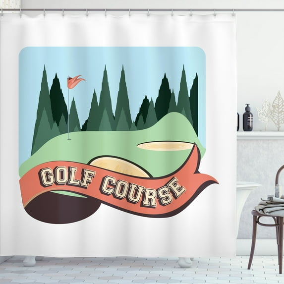 Ambesonne Golf Course Scene Shower Curtain, Forest and Flag, 69"Wx84"L, Multicolor