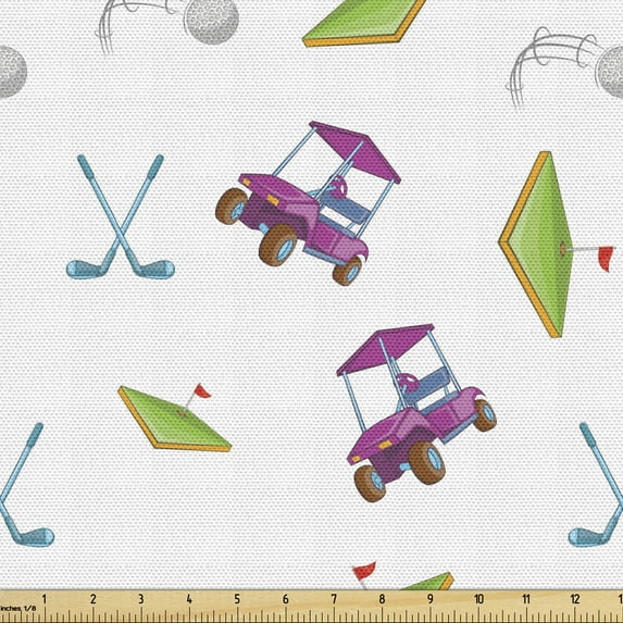 Ambesonne Golf Fabric by the Yard Upholstery, Clubs Carts Ball Flag on Grass, 3 Yards, Lime Green Purple