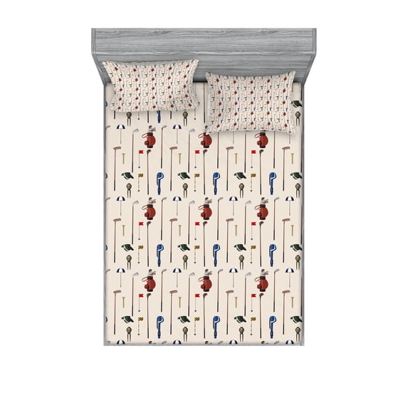 Ambesonne Golf Fitted Sheet & Pillow Sham Set, Club and Ball Sport Themed, Calking, Multicolor
