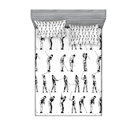 Ambesonne Golf Fitted Sheet & Pillow Sham Set, Golf Swing Hobby Play, Calking, Black White