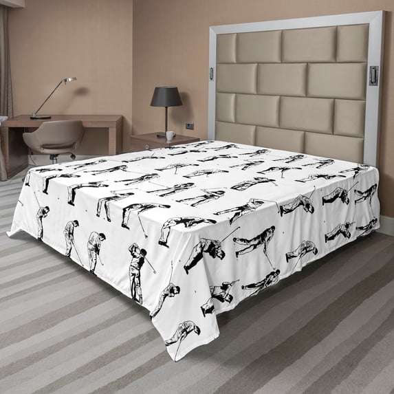 Ambesonne Golf Flat Sheet, Golf Swing Hobby Play, King Size, Black White