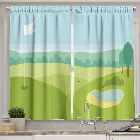Ambesonne Golf Kitchen Curtains, Abstract View of Teeing Ground, 55"x45", Pale Blue Apple Green