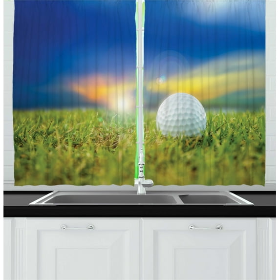 Ambesonne Golf Kitchen Curtains, Ball on the Teeing Ground Lawn, 55"x45", Lime Green Blue Yellow
