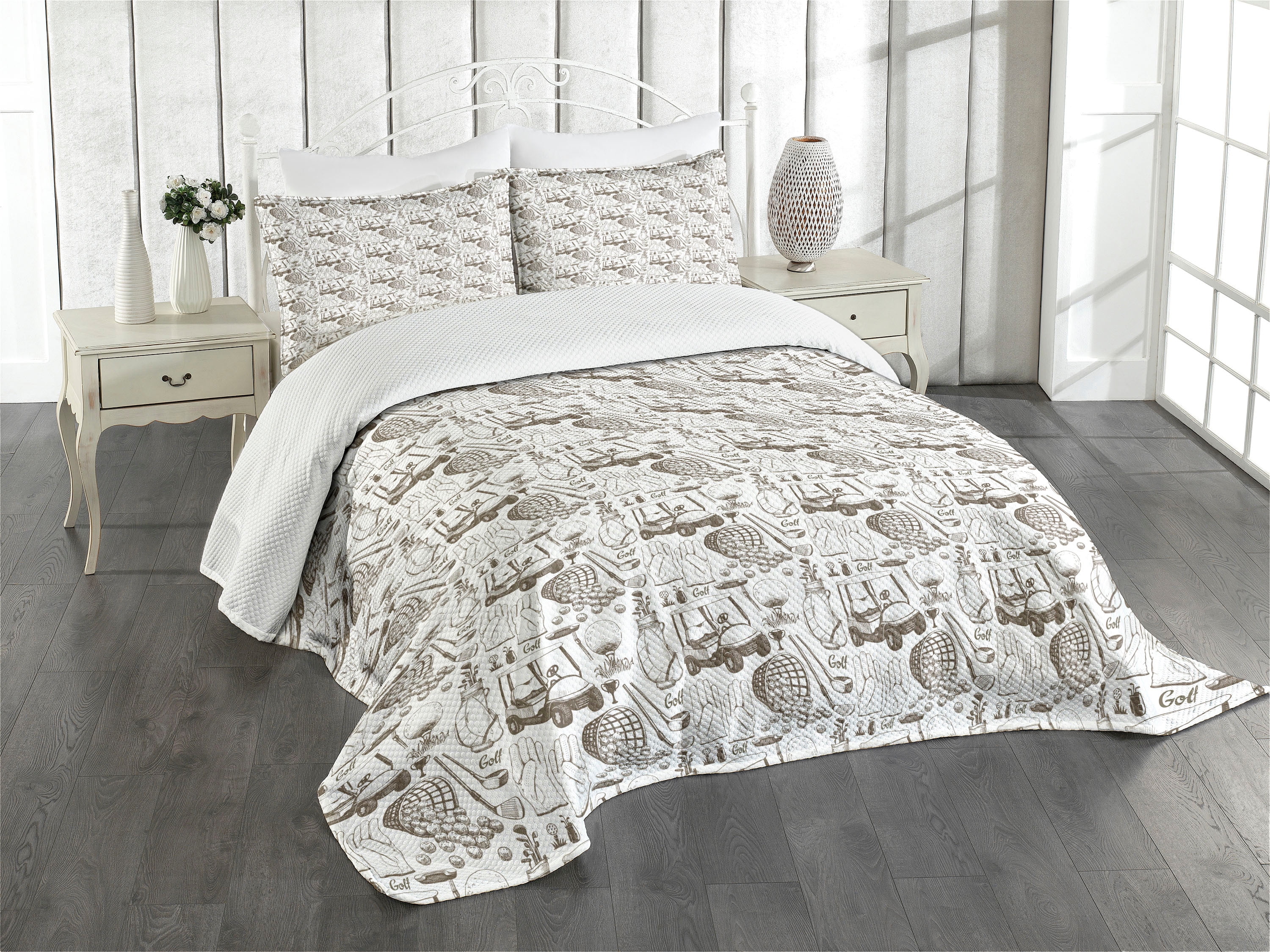Twin White and Cocoa Quilted Bedspread Set with Pillow Sham