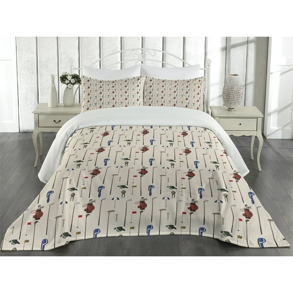 Ambesonne Golf Quilted Coverlet 3 Pcs, Club and Ball Sport Themed, Queen Size, Multicolor