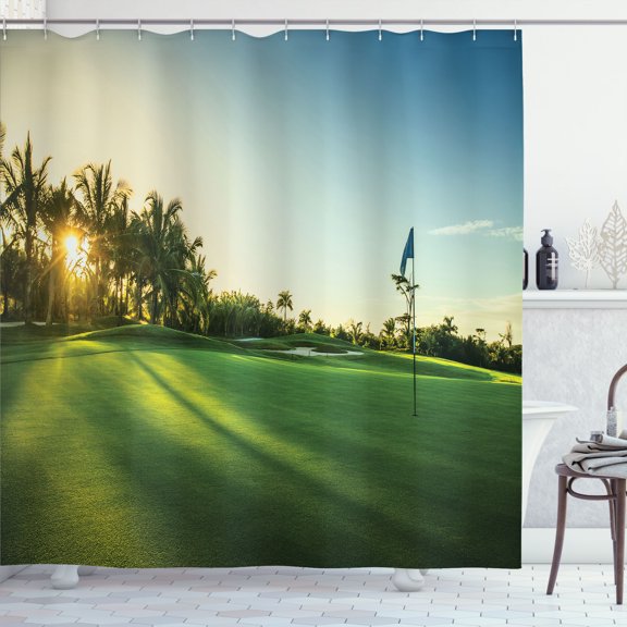 Ambesonne Golf Shower Curtain, Countryside Sunset on Field, 69"Wx75"L, Green Cadet Blue