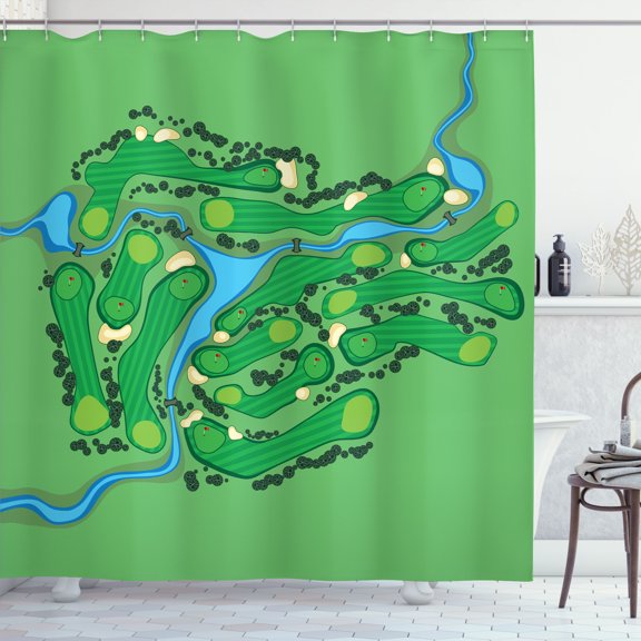 Ambesonne Golf Shower Curtain, Course Layout with Flags Trees, 69"Wx70"L, Green Blue