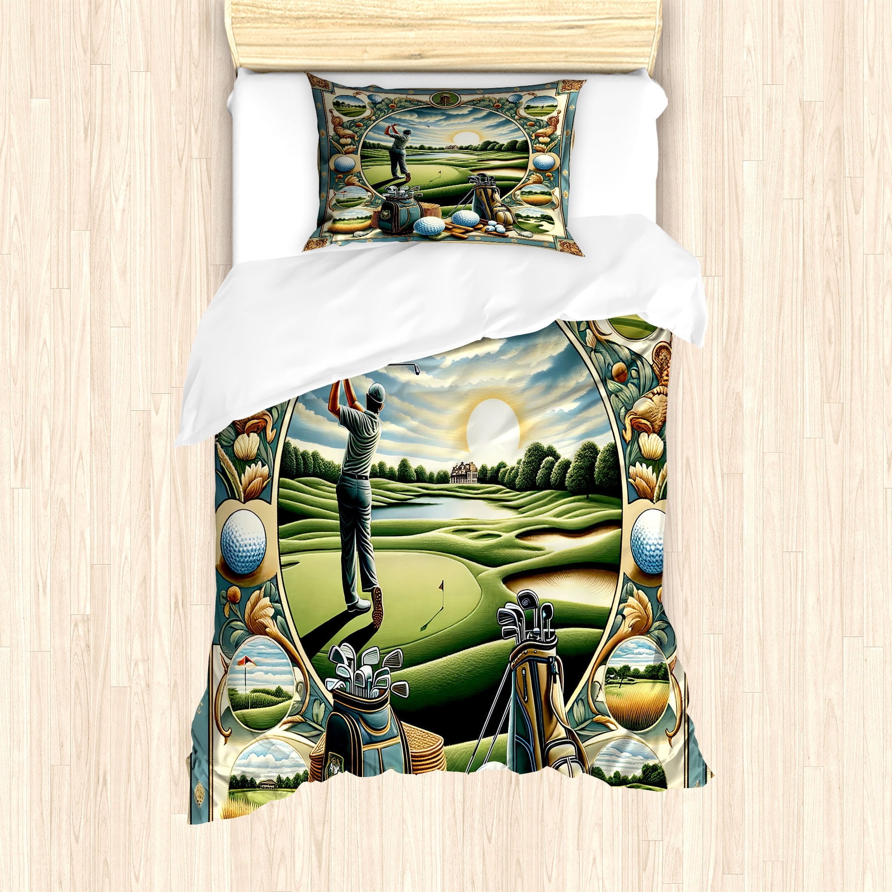 Twin Golf Themed Fern Green Blue Mustard Duvet Cover Set