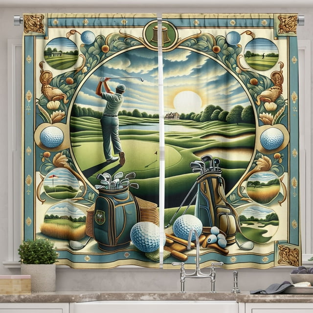 Ambesonne Golf Themed Kitchen Curtains, Classicism Painting, 55"x45