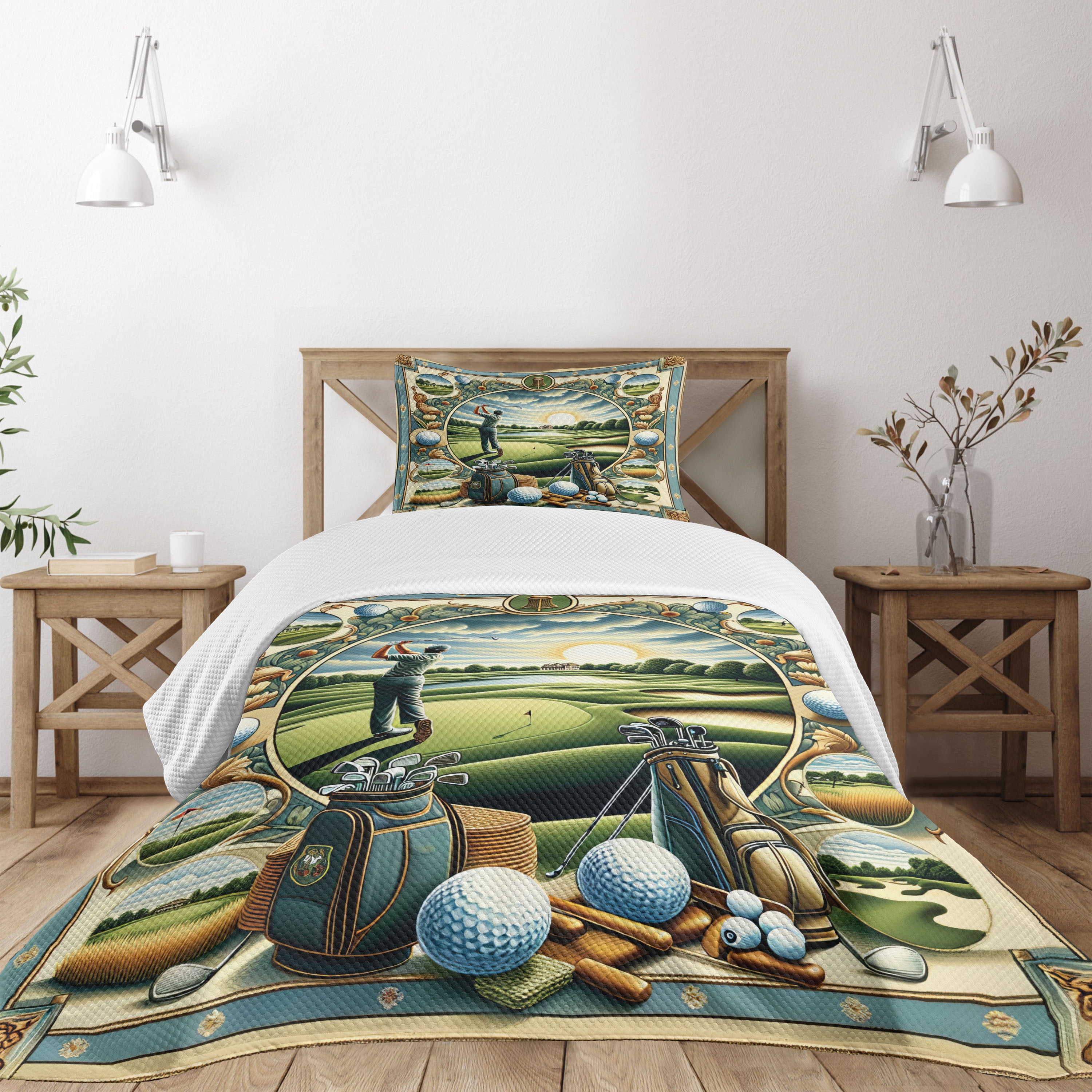 Twin Blue Golf Themed Quilted Bedspread Set