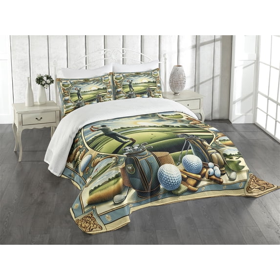 Ambesonne Golf Themed Quilted Bedspread Set 3 Pcs, Classicism Painting, Queen Size, Fern Green Blue and Mustard