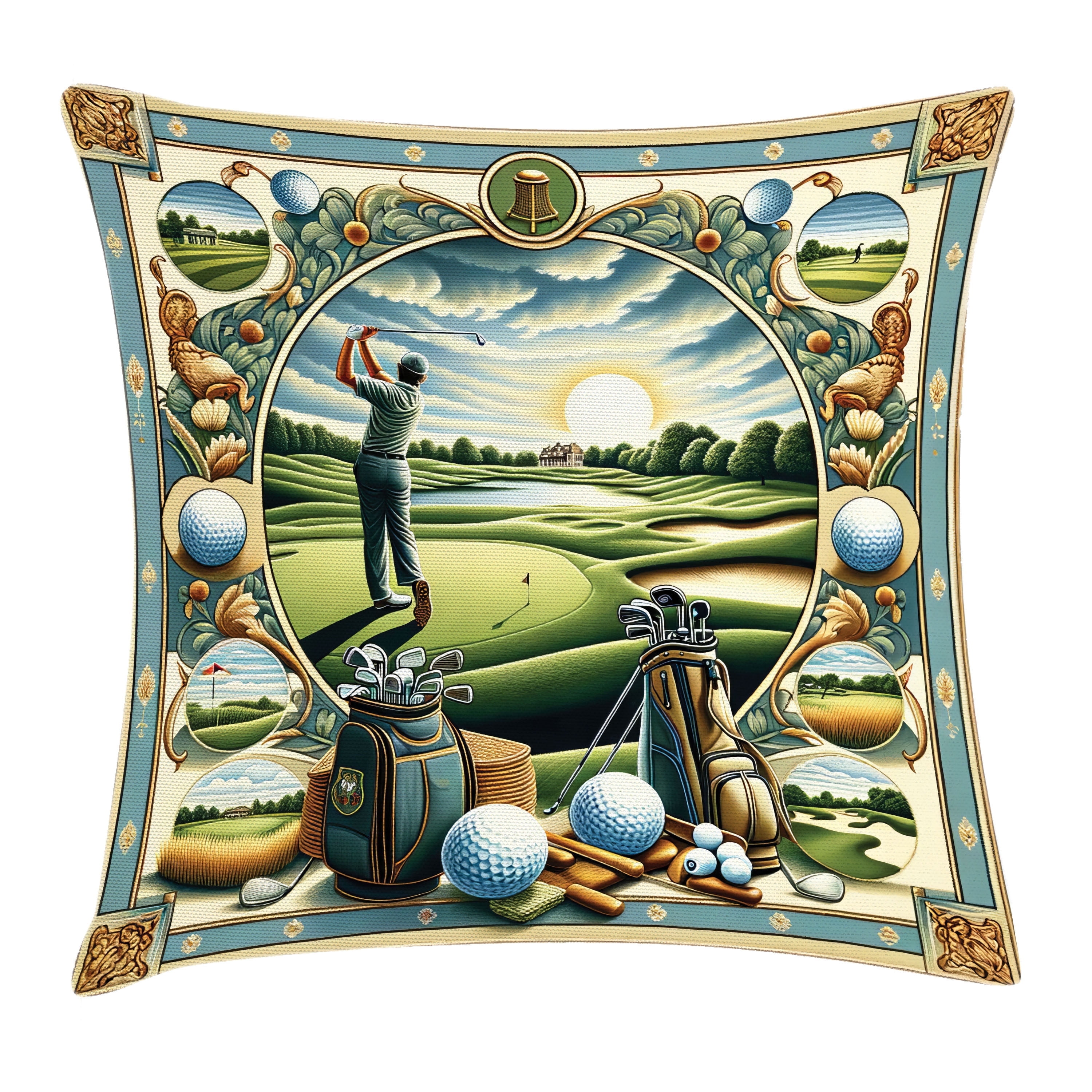 Golf Themed Square Polyester Pillow Cover in Fern Green and Blue