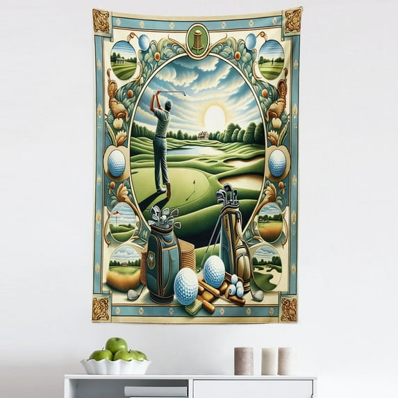 Ambesonne Golf Themed Wall Hanging Tapestry, Classicism Painting, 30"x45", Fern Green Blue and Mustard