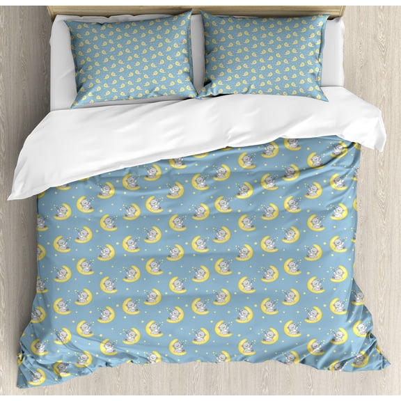 Ambesonne Goodnight Duvet Cover Sets, Dreams Teddy Bears Moon, 2-Queen, Pale Azure Blue Dust