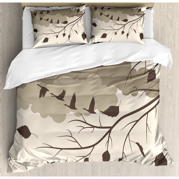 Ambesonne Goose Duvet Cover Set, Autumn Time Falling Leaves, King, Umber and Champagne