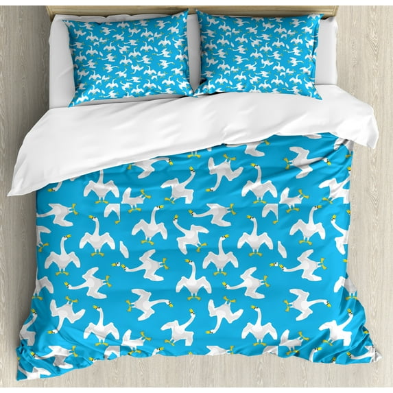 Ambesonne Goose Duvet Cover Sets, Feathery Repetitive Birds, 2-King, Earth Yellow Blue and White