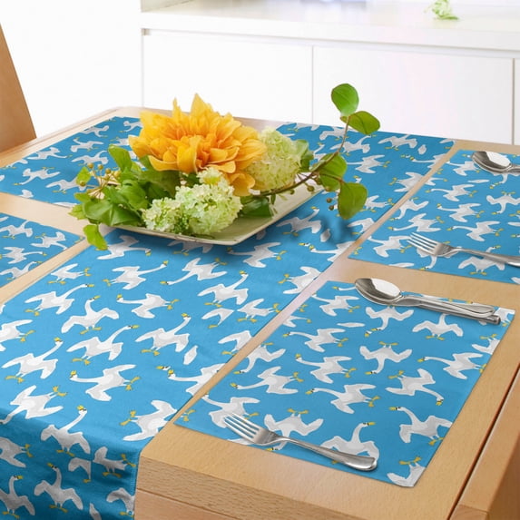 Ambesonne Goose Table Runner & Placemats, Feathery Repetitive Birds, Placemat 4 pcs + Runner 14"x72", Earth Yellow Blue and White