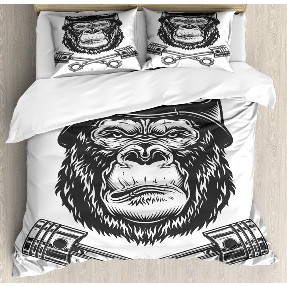 Ambesonne Gorilla Duvet Cover Sets, Vintage Style Serious Biker, 2-King, Dark Grey White