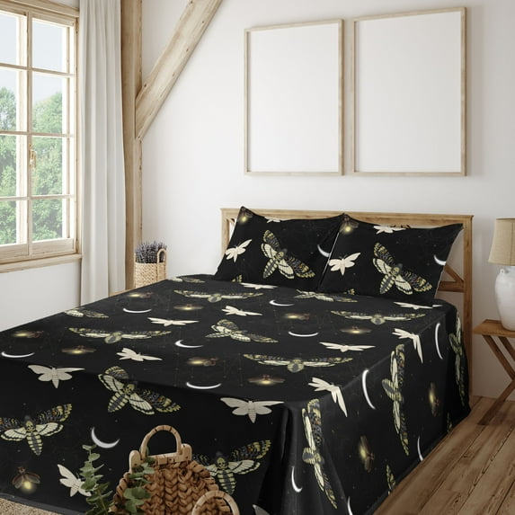 Ambesonne Goth Night Fitted & Flat Sheet with Shams 4 Pcs Set, Witchcore Death Moth Art, Calking, Charcoal Grey Ivory and White