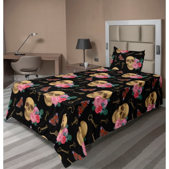 Ambesonne Goth Vibes Fitted & Flat Sheet with Sham 3 Pcs Set, Art of Gothic Death Moth, Twin, Charcoal Grey and Pale Camel