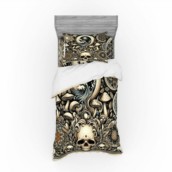Ambesonne Gothic Art Bedding Set 3 Pcs, Mushroom Skulls Occult, TwinXL, Eggshell and Charcoal Grey