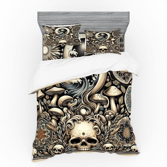 Ambesonne Gothic Art Bedding Set 4 Pcs, Mushroom Skulls Occult, King, Eggshell and Charcoal Grey