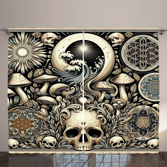 Ambesonne Gothic Art Curtains 2 Panel Set, Mushroom Skulls Occult, 108" x 108", Eggshell and Charcoal Grey