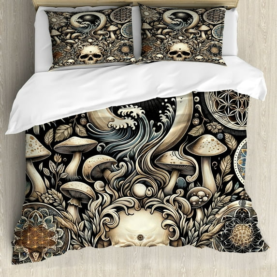 Ambesonne Gothic Art Duvet Cover Set, Mushroom Skulls Occult, King, Eggshell and Charcoal Grey