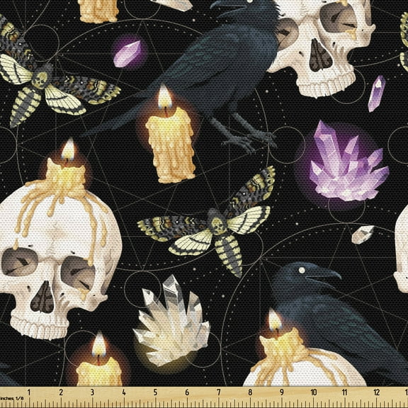 Ambesonne Gothic Art Fabric by the Yard Upholstery, Spooky Ravens Death Moth, 1 Yard, Charcoal Grey and Apricot