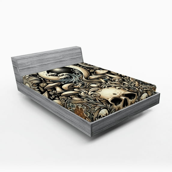 Ambesonne Gothic Art Fitted Sheet, Mushroom Skulls Occult, Full Size, Eggshell and Charcoal Grey