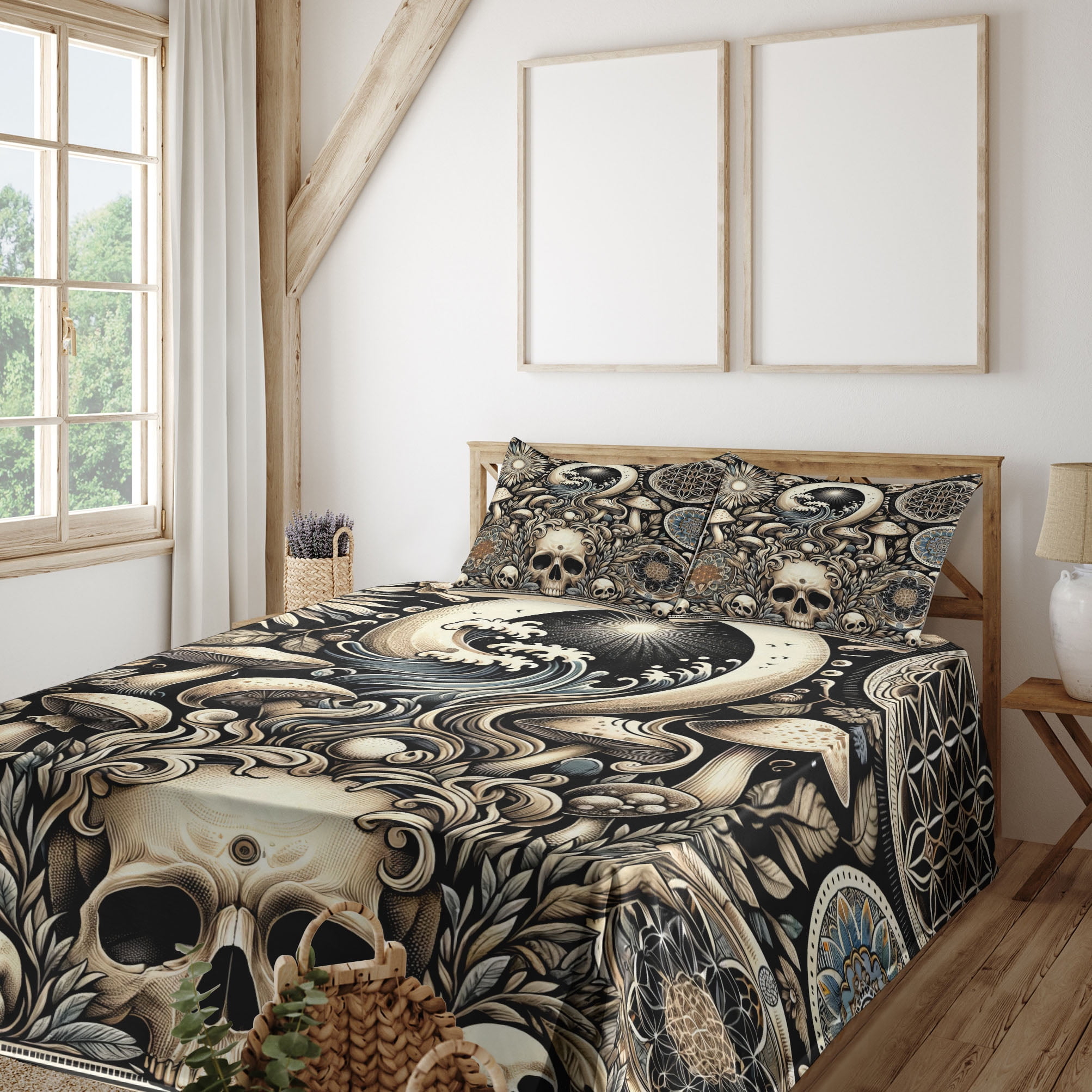 Ambesonne Gothic Art Fitted & Top Sheet Set with Sham, Mushroom Skulls