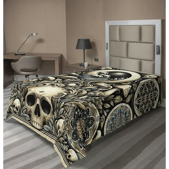 Ambesonne Gothic Art Flat Sheet, Mushroom Skulls Motifs, TwinXL Size, Eggshell and Charcoal Grey