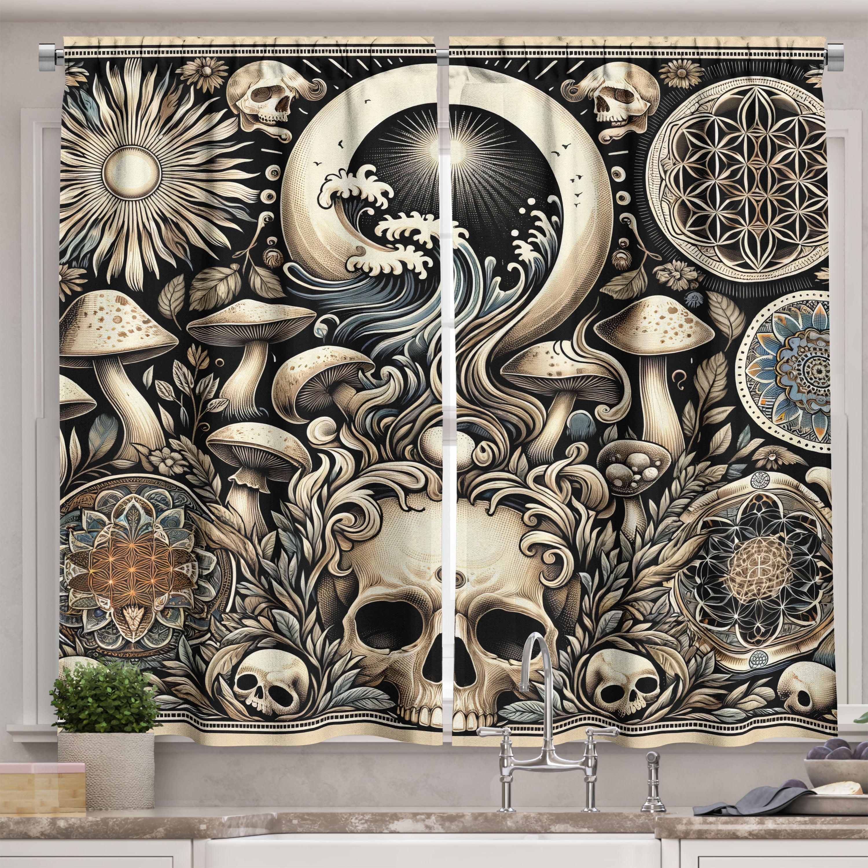 Ambesonne Gothic Art Kitchen Curtains, Mushroom Skulls Occult, 55"x39 ...