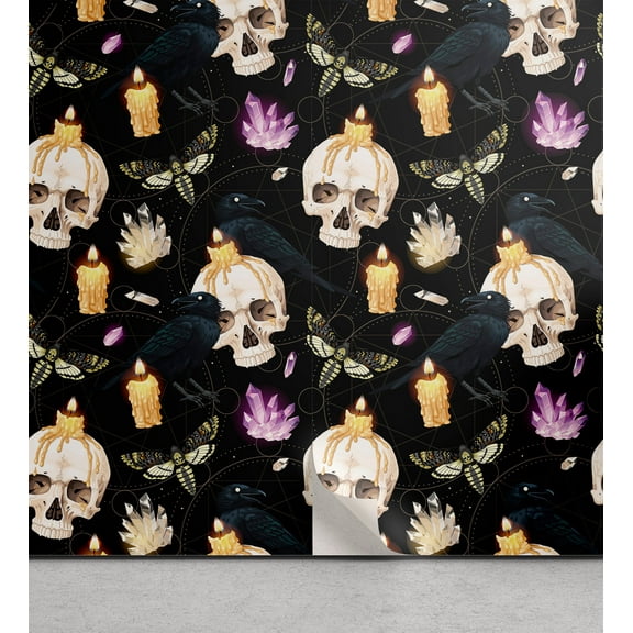 Ambesonne Gothic Art Peel & Stick Wallpaper for Home, Spooky Ravens Death Moth, 13"x36", Charcoal Grey and Apricot