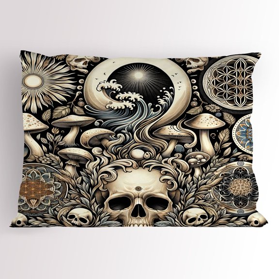 Ambesonne Gothic Art Pillow Sham, Mushroom Skulls Occult, 26" X 20", Eggshell and Charcoal Grey