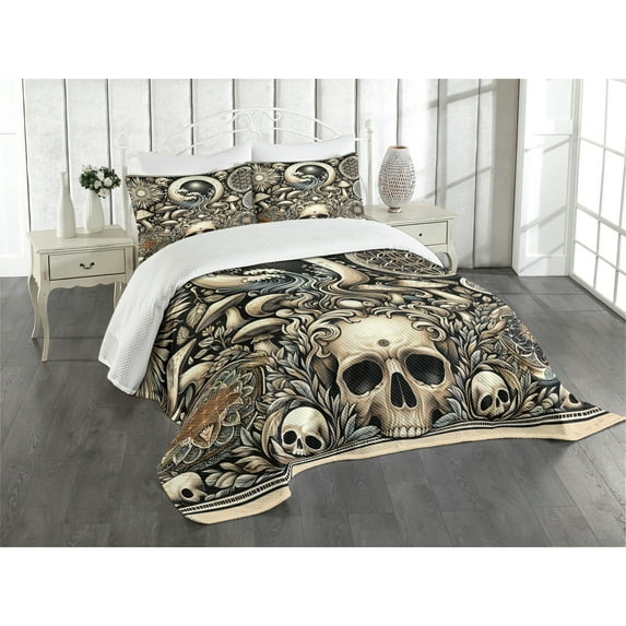 Ambesonne Gothic Art Quilted Bedspread Set 3 Pcs, Mushroom Skulls Occult, King Size, Eggshell and Charcoal Grey