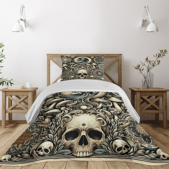 Ambesonne Gothic Art Quilted Coverlet 2 Pcs, Mushroom Skulls Occult, Twin Size, Eggshell and Charcoal Grey