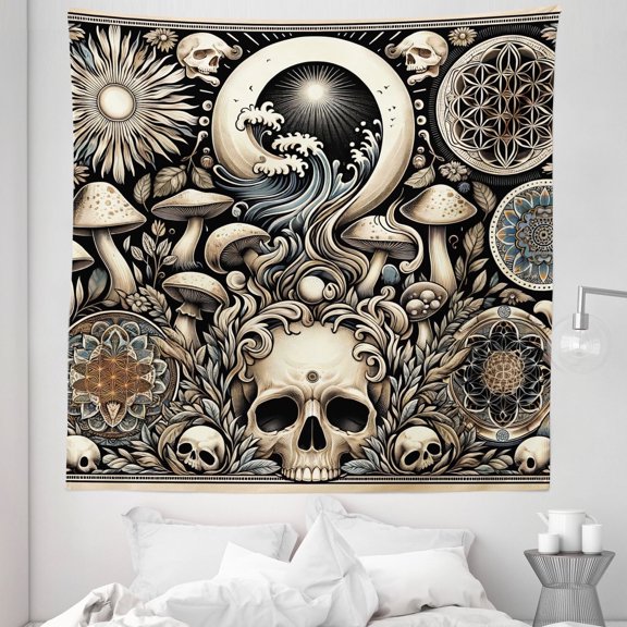 Ambesonne Gothic Art Tapestry Queen Size, Mushroom Skulls Occult, 88"x88", Eggshell and Charcoal Grey