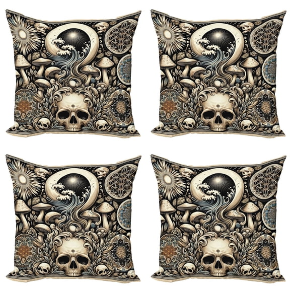 Ambesonne Gothic Art Throw Pillow Cover 4 Pack, Mushroom Skulls Occult, 24", Eggshell and Charcoal Grey