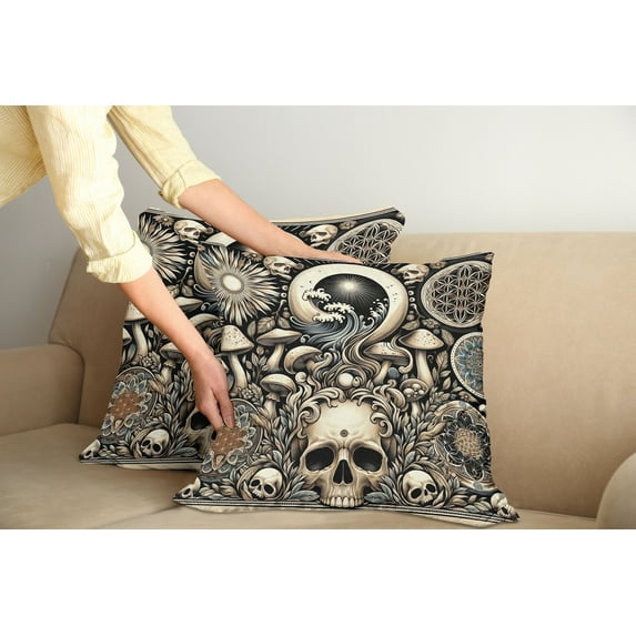 Ambesonne Gothic Art Throw Pillow Cover Pack of 2, Mushroom Skulls Occult, 2 Pcs-20"x20", Eggshell and Charcoal Grey