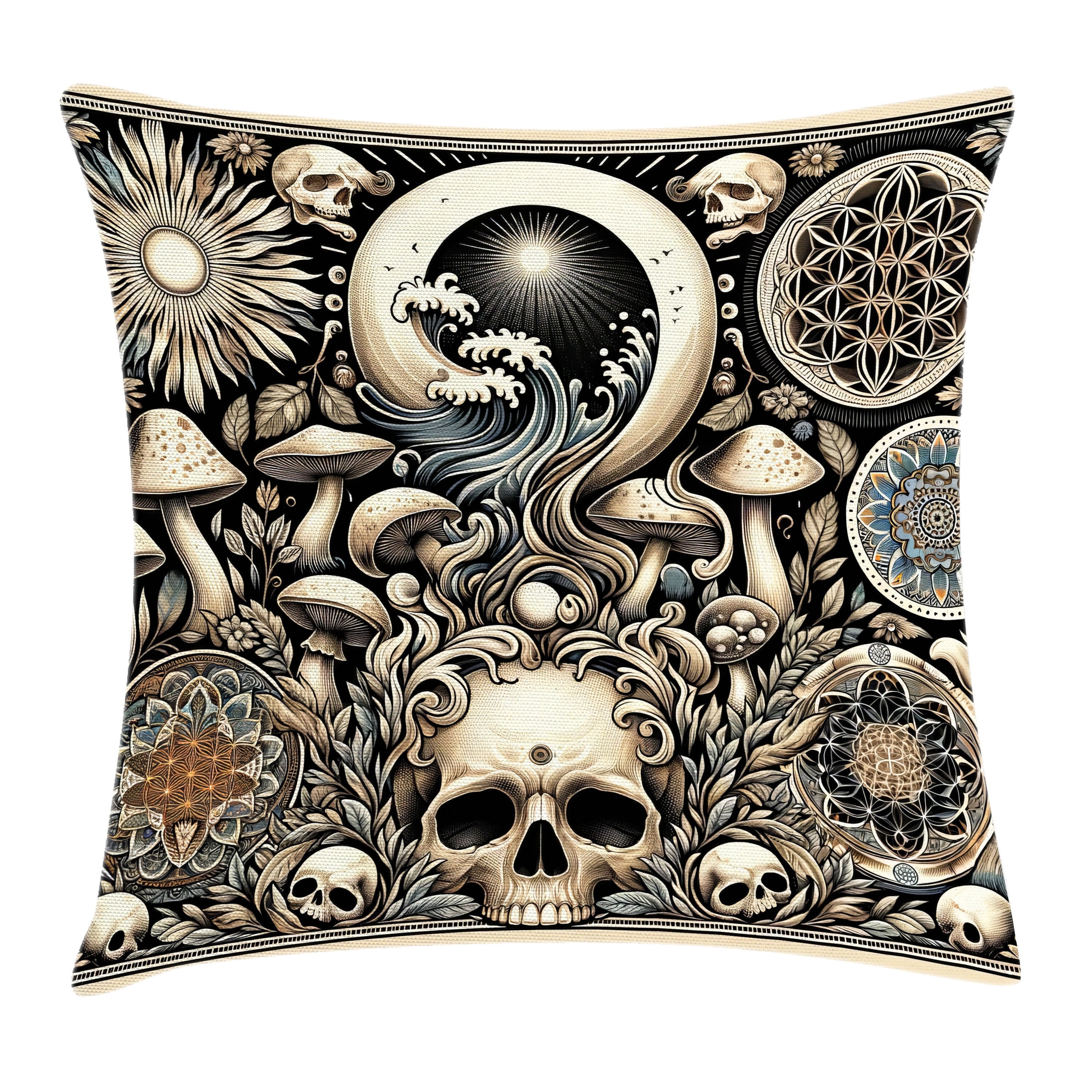 Gothic Skull and Mushroom Art Polyester Pillow Cover
