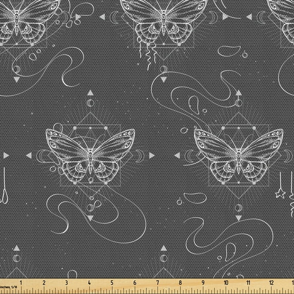 Ambesonne Gothic Boho Fabric by the Yard Upholstery, Esoteric Lunar Moth Art, 10 Yards, Pale Grey White