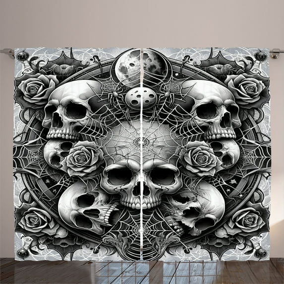 Ambesonne Gothic Curtains 2 Panel Set, Dark Neo Traditional Skulls, 108" x 63", Pale Grey Dark Grey White