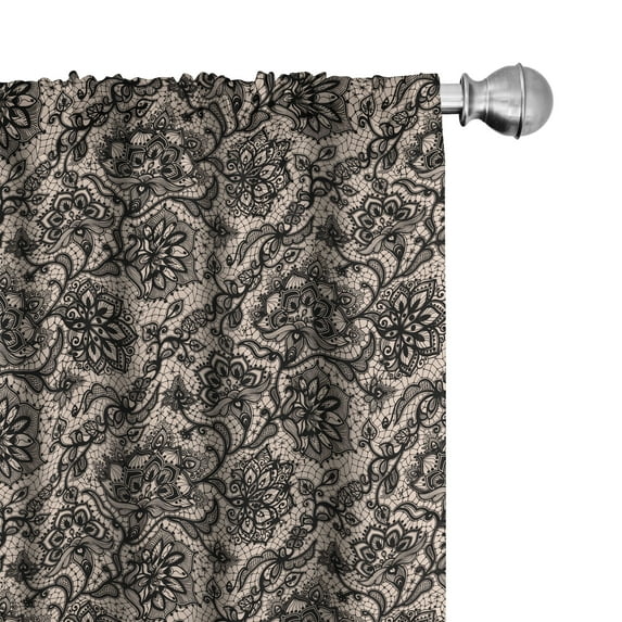 Ambesonne Gothic Curtains, Flowers Butterflies Lace, Pair of 28"x84", Tan Black