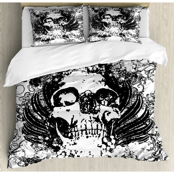 Ambesonne Gothic Duvet Cover Set, Dark Horror Scary Skull, Queen, Black and White