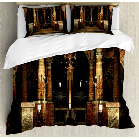 Ambesonne Gothic Duvet Cover Sets, Hall Pillars, 2-King, Ivory Brown Black