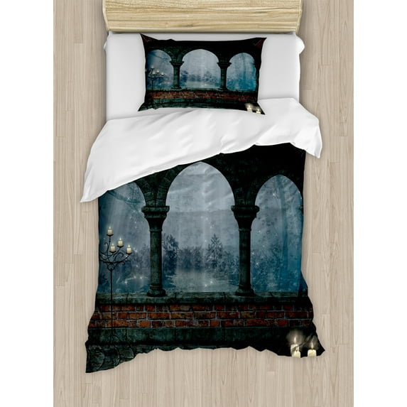 Ambesonne Gothic Duvet Cover Sets, Medieval Castle at Night, 2-Twin, Blue Grey and Red