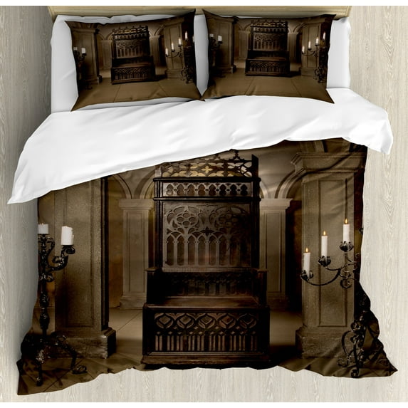 Ambesonne Gothic Duvet Cover Sets, Renaissance Castle King, 2-King, Beige Brown
