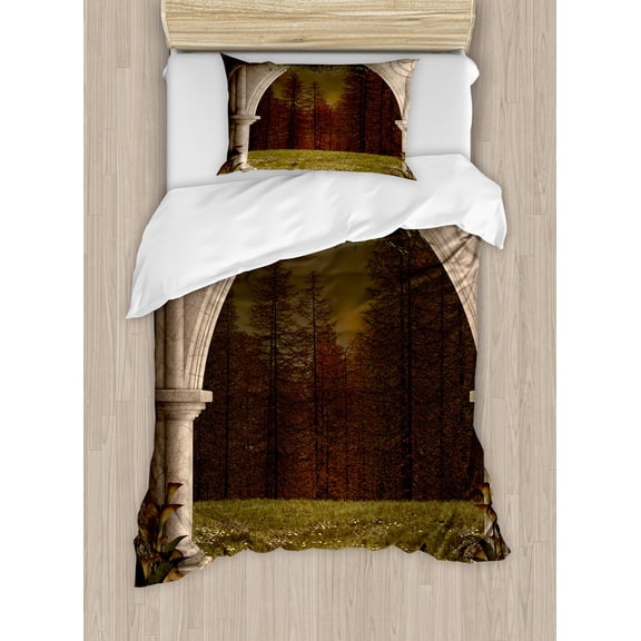Ambesonne Gothic Duvet Cover Sets, Retro Arch in Garden, 2-Twin, Green Beige