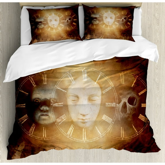 Ambesonne Gothic Duvet Cover Sets, Spooky Scary Skull, 2-King, Yellow Tan